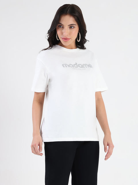 Madame Swarovski and Print Sticker White Cotton T-shirt