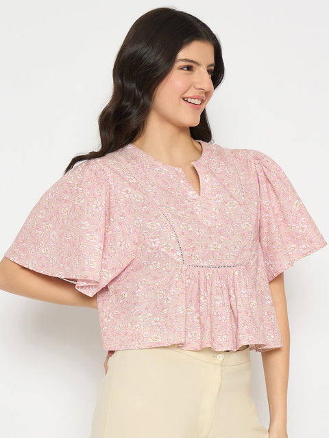 Madame Floral Print Pink Cotton Peplum Top