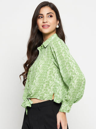Madame Geometric Print Tie Front Green Shirt