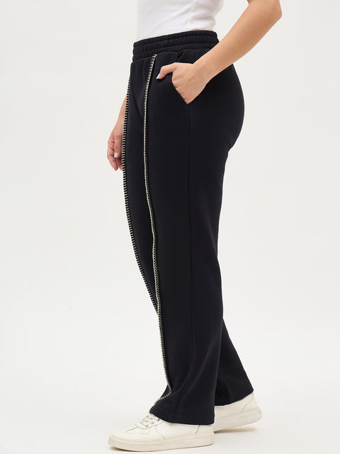 Madame Black Fleece Track Pants With Contrast Stitch