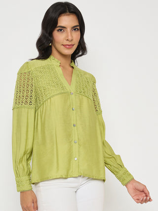 Madame Lace Detailed Pleated Front Green Top