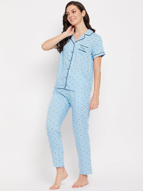 mSECRET Lapel Collar Star Printed Cotton Nightsuit