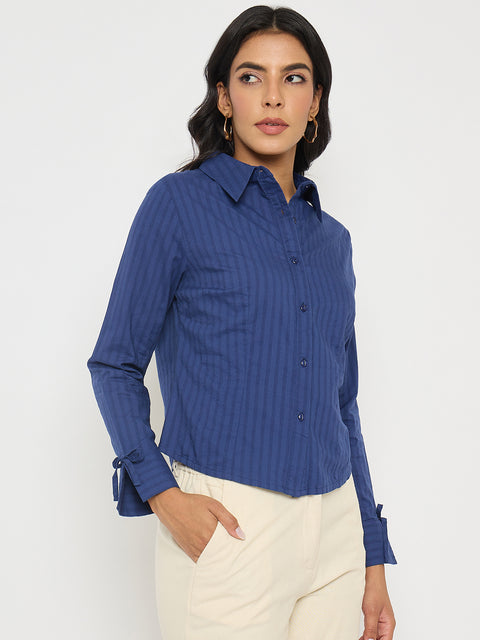 Madame Striped Solid Navy Cotton Shirt