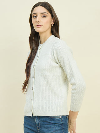 Madame Off White Round Neck Cardigan with Buttons