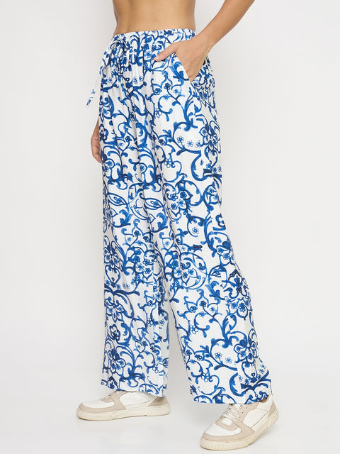 Madame Abstract Print Blue Rayon Palazzo Trousers