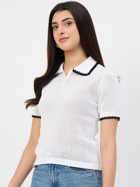 Madame White Contrast Trim Polo Knit T-Shirt