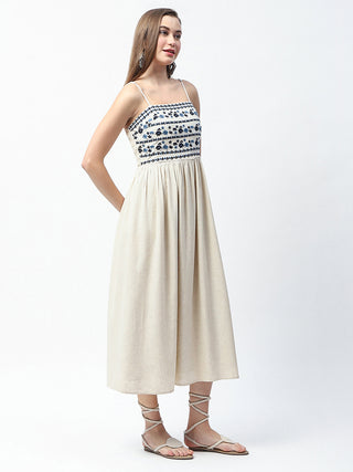 Madame Embroidered Off White Maxi Rayon Blend Dress