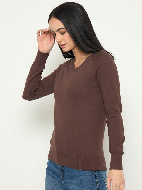 Madame V Neck Coffee Brown Solid Sweater