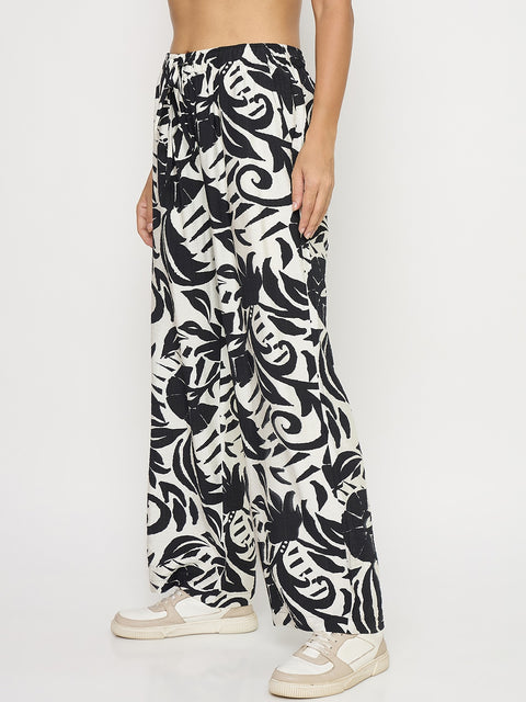 Madame Abstract Print Black Rayon Palazzo Trousers