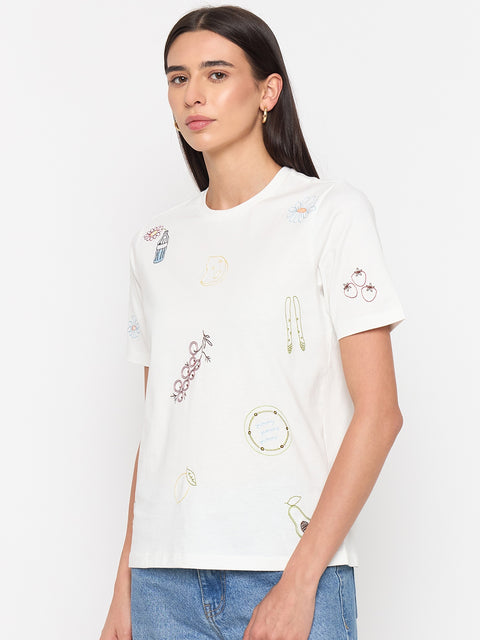 Madame White Printed Cotton Half-Sleeve T-Shirt