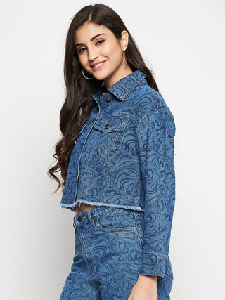 Madame Blue Printed Denim Crop Jacket