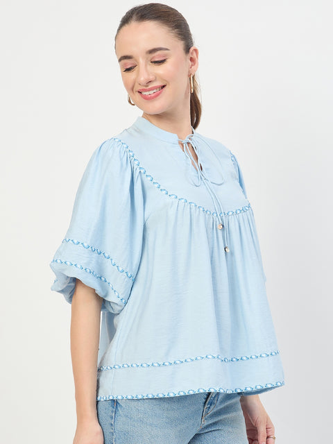 Madame Blue Aura Rayon Ruffle Top with Embroidery Trim