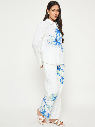 Madame Floral Print Shirt and Trousers Blue Cotton Co-ord Set