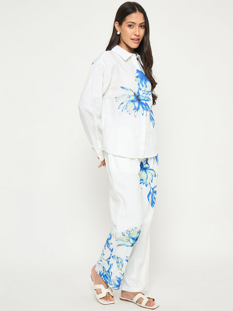 Madame Floral Print Shirt and Trousers Blue Cotton Co-ord Set