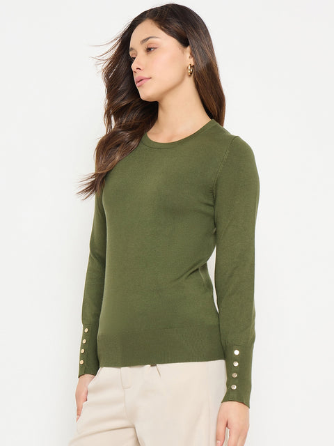 Madame Olive Green Round Neck Sweater with Cuff Sleeves