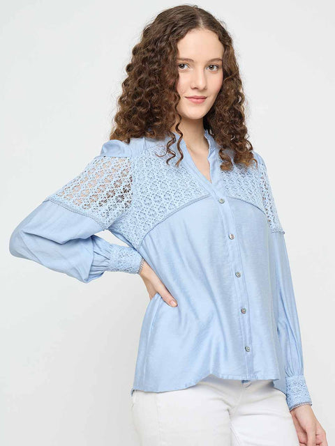 Madame Lace Detailed Pleated Front Powder Blue Top