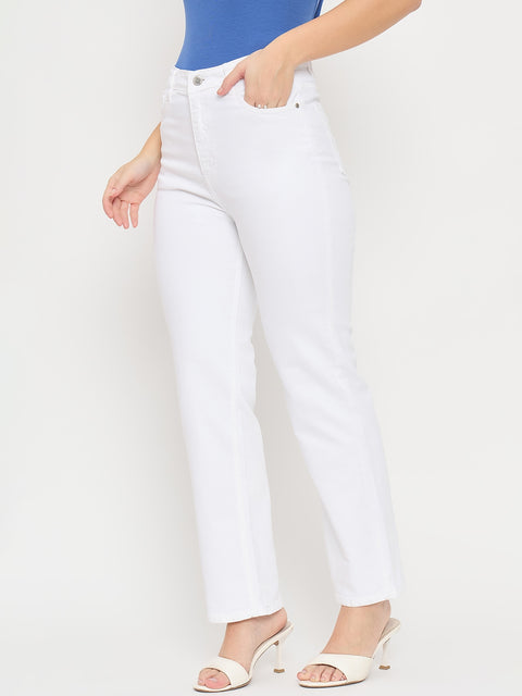 Madame White Cotton Straight Fit Whiskered Jeans