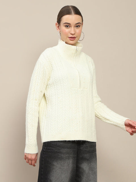 Madame Half Zipper Collared Off White Sweater