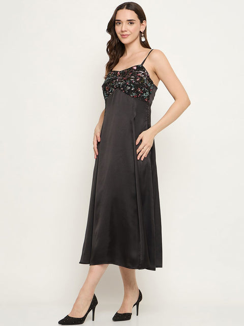 Madame Embroidered Midi Black Dress