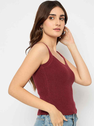 Madame Sleeveless Solid Red Ribbed Knit Sweater