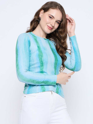 Madame Abstract Print Crew Neck Loose Fit Mint Green Top