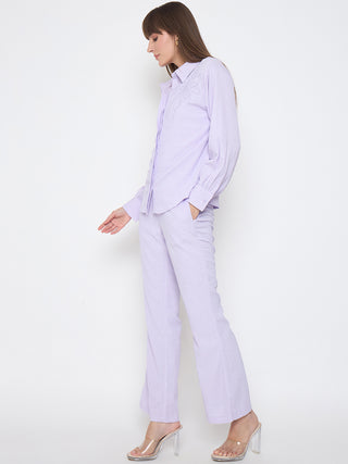 Madame Embroidered Shirt with Crop Tank and Wide-Leg Pants Three Piece Lilac Co-ord Set