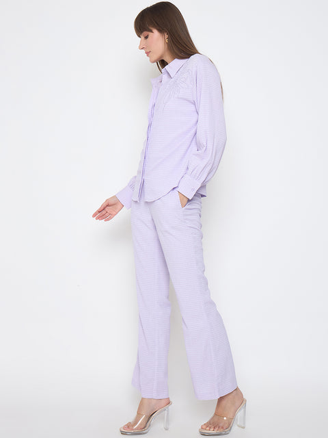 Madame Embroidered Shirt with Crop Tank and Wide-Leg Pants Three Piece Lilac Co-ord Set