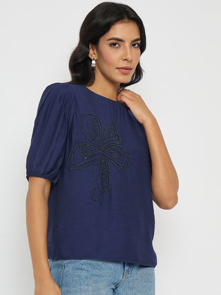 Madame Embellished Rayon Blend Navy Blue Top