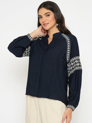 Madame Embroidered Navy Blue Rayon Blend Top