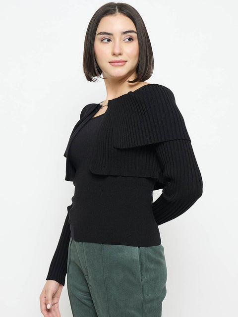 Madame Cami Neck Flutter Detailing Black Sweater