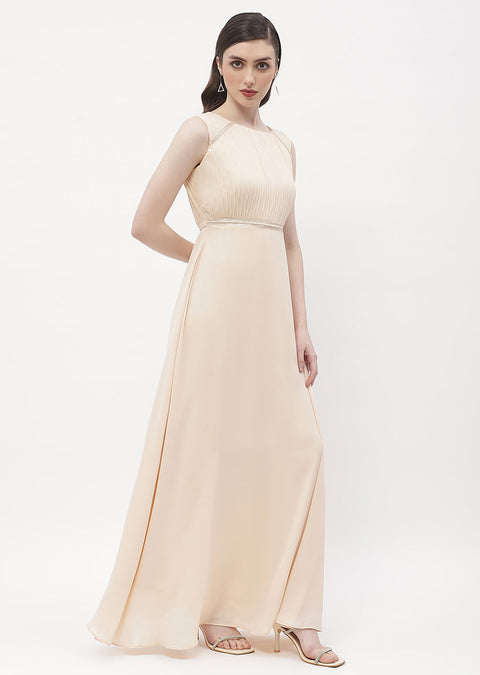 Madame Embellished Beige Crew Neck Maxi Dress