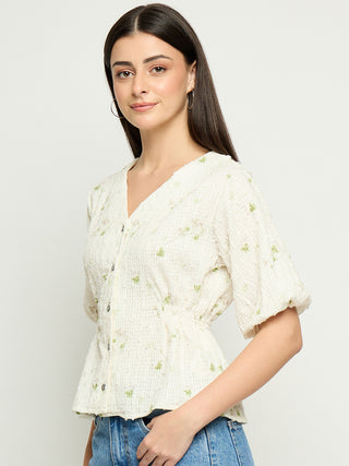 Madame Printed V Neck Green Top