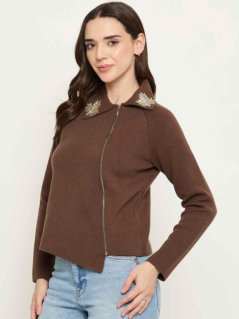 Madame Embroidered Collar Asymmetric Brown Sweater