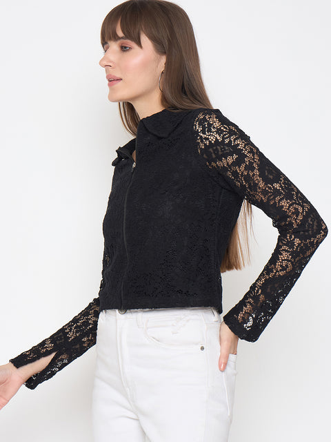 Madame Lace Zipper Cotton Blend Solid Black Top