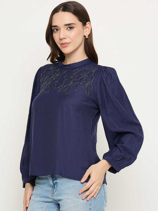 Madame Blue Rayon Blend Puff Sleeve Top