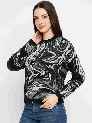 Madame Abstract Print Zip Up Black Sweater
