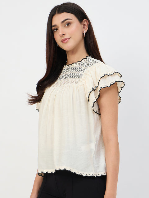 Madame Off-White Scallop-Trim Viscose Gather Top