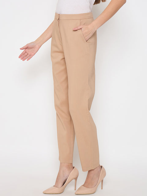 Madame Alex Waist Belt Detail Solid Beige Trousers