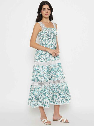 Madame Laced Floral Print White Midi Dress