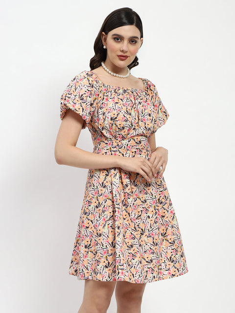 Madame Cotton Floral Print Off Shoulder Orange Mini Dress