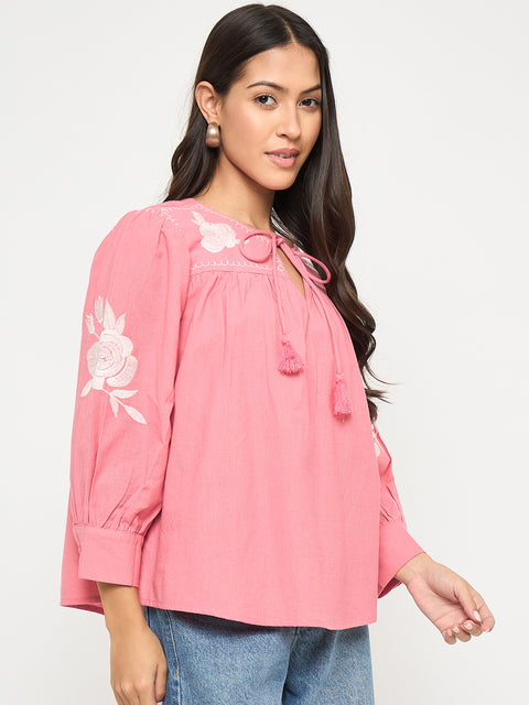 Madame Tie Neck Floral Embroidery Coral Top