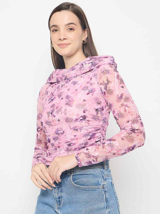 Madame Floral Print Off Shoulder Pink Mesh Top