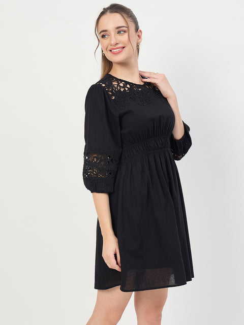 Madame Black Puff Sleeve Cotton Mini Dress