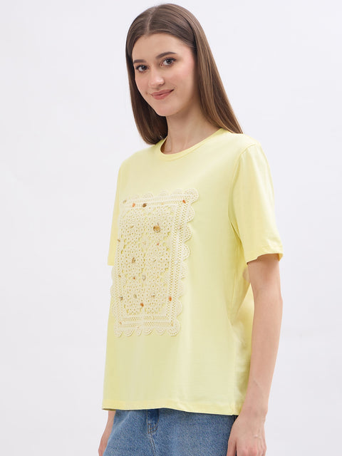 Madame Thread Embroidery Patchwork Yellow Cotton T-Shirt