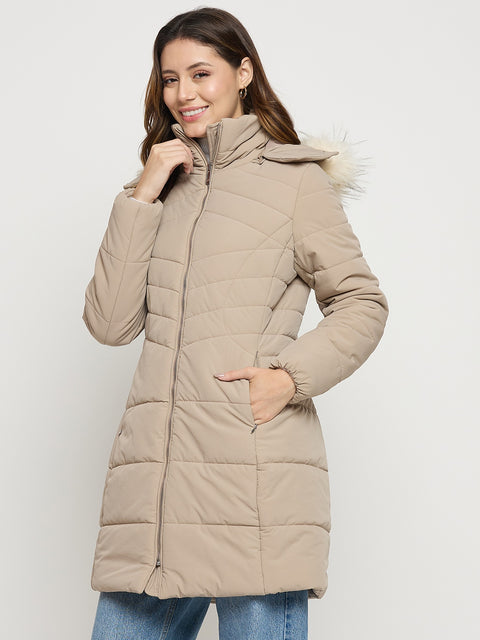 Madame Beige Quilted High Neck Full Sleeve Midi Jacket