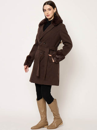 Madame Notch Lapel Neckline Brown Belted Long Coat