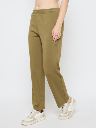 Madame Typography Print Olive Green Straight Track Bottoms