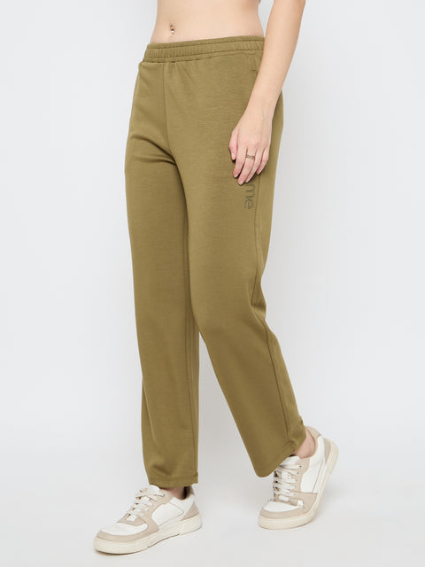 Madame Typography Print Olive Green Straight Track Bottoms