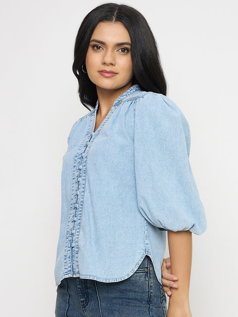 Madame Embroidery Detail Powder Blue Cotton Top