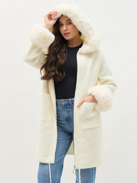 Madame Faux Fur Detailing Off White Long Shrug